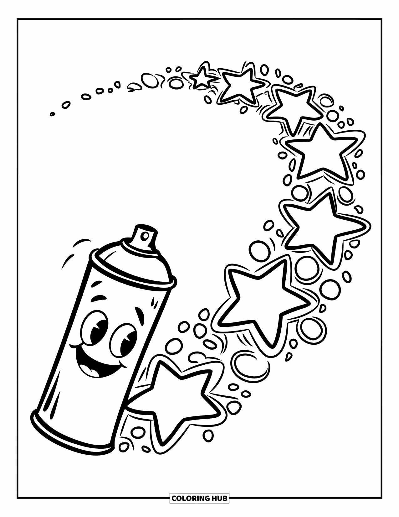Graffiti Coloring Page for Kids: A spray can flies through the air, leaving stars and dots behind