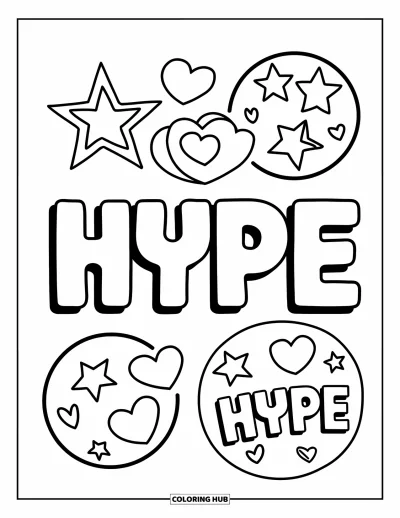 Graffiti Coloring Page for Kids: Big "HYPE" letters shine with stars, hearts, and playful speech bubbles