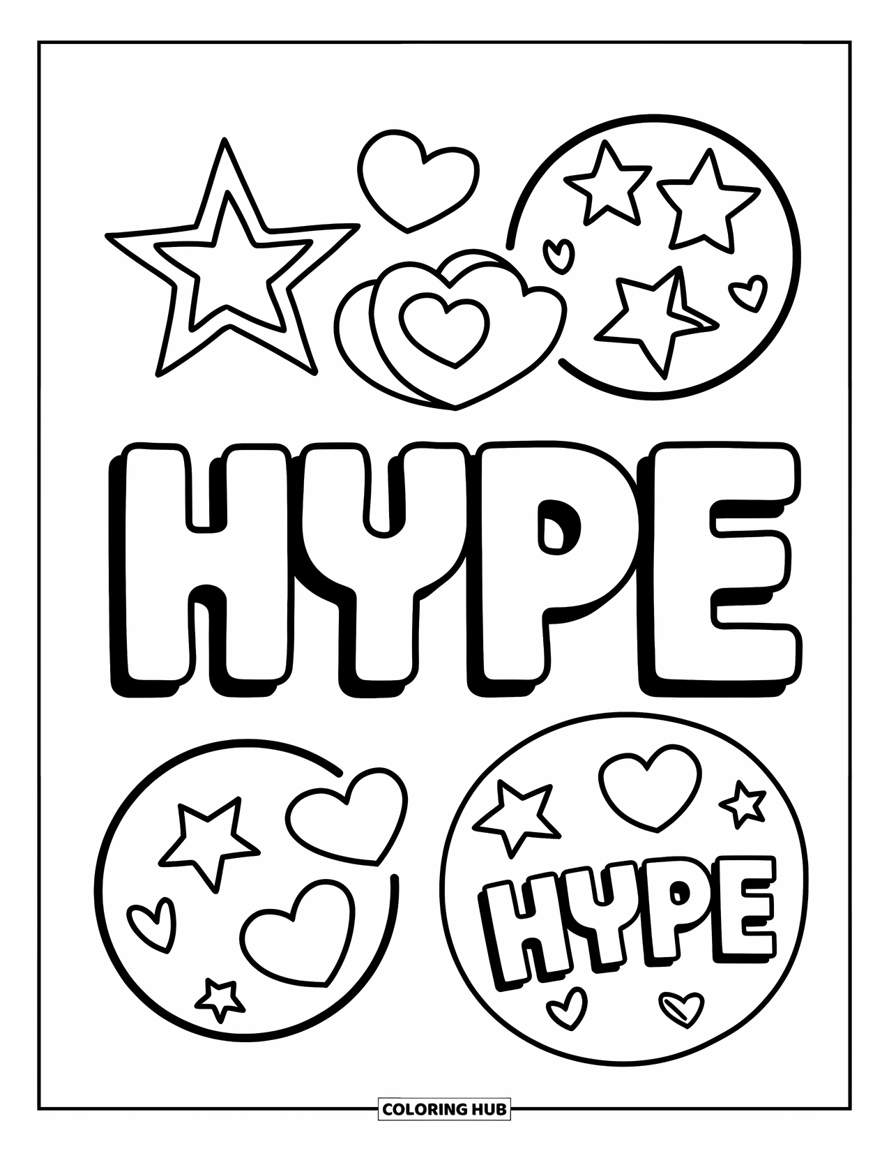Graffiti Coloring Page for Kids: Big "HYPE" letters shine with stars, hearts, and playful speech bubbles