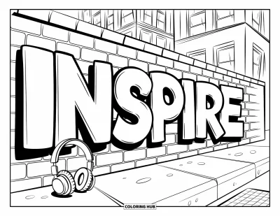 Graffiti Coloring Page for Kids: Bold "INSPIRE" graffiti stands out on a wall near headphones and tall buildings