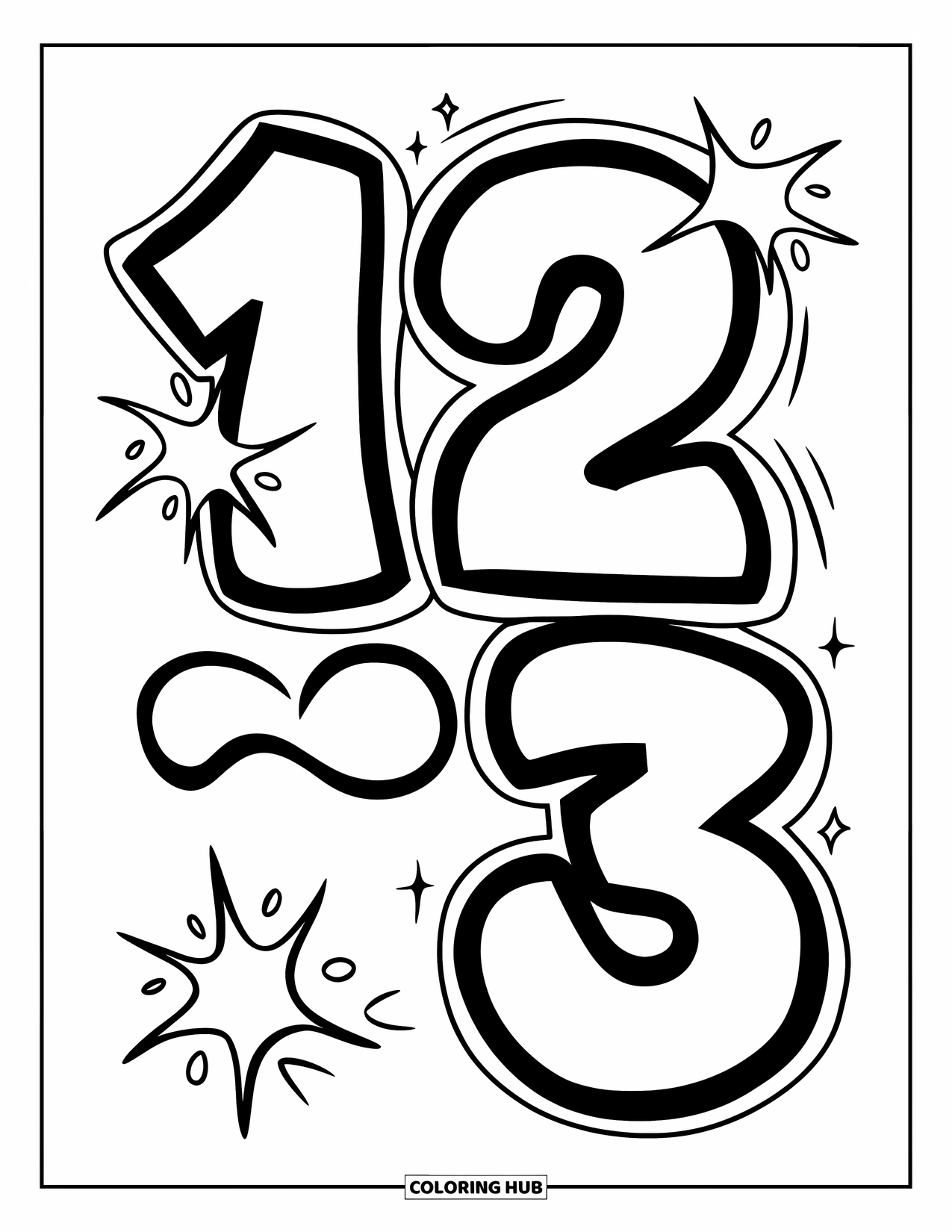 Graffiti Coloring Page for Kids: Bubble numbers 1, 2, and 3 sparkle with playful cartoon vibes