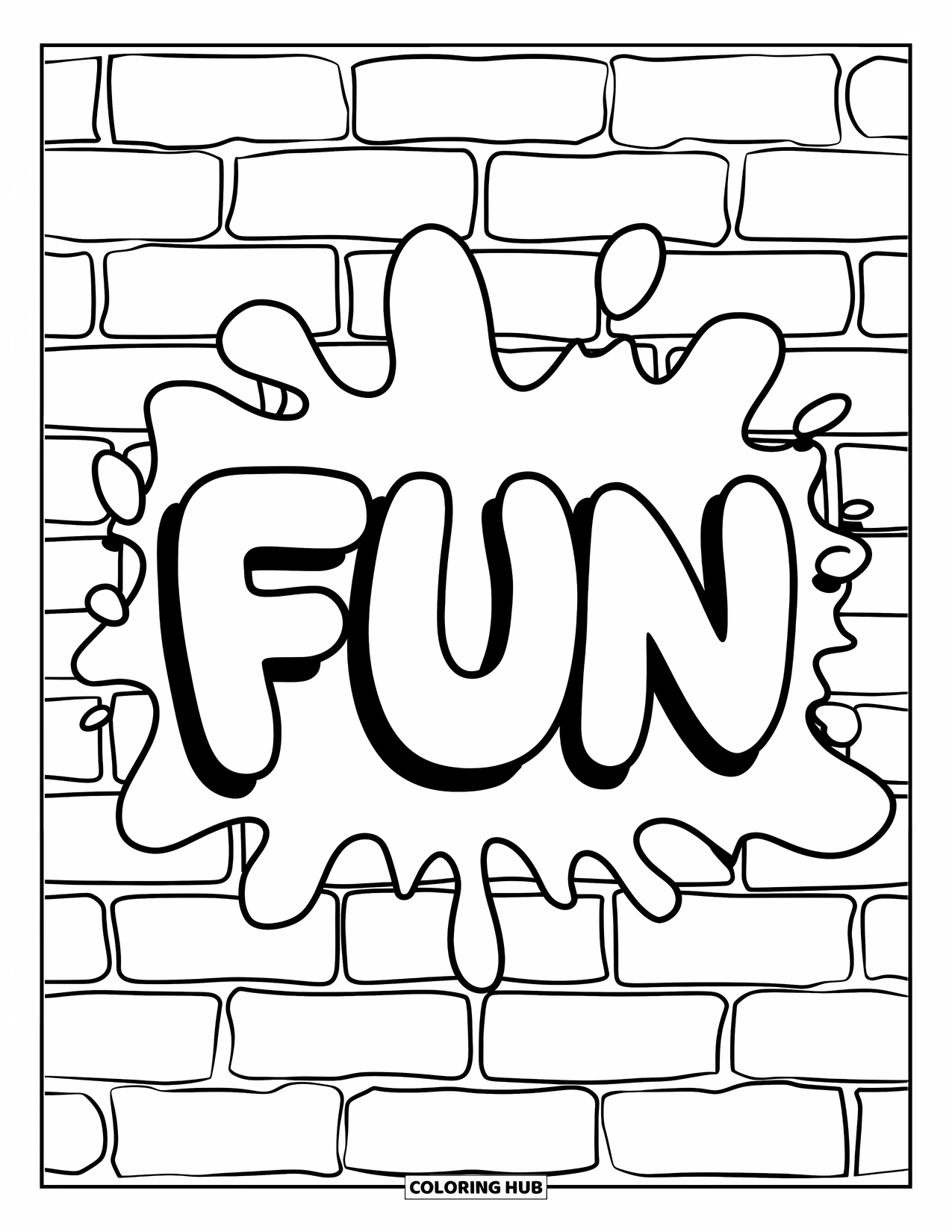 Graffiti Coloring Page for Kids: Bubbly "FUN" letters and splatters decorate a textured brick wall