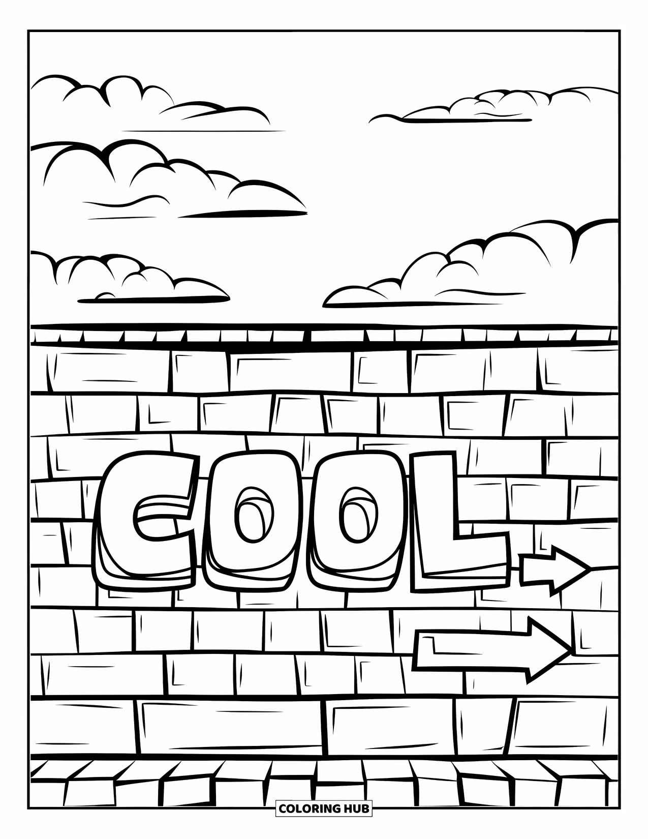 Graffiti Coloring Page for Kids: "COOL" is tagged on a brick wall with arrows and fluffy clouds above