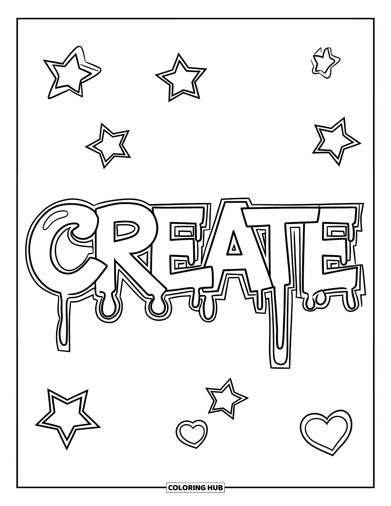 Graffiti Coloring Page for Kids: "CREATE" flows in cursive with hearts, stars, and paint splashes