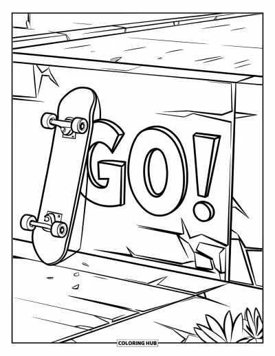 Graffiti Coloring Page for Kids: "GO!" is tagged above a skateboard near cracked walls and plants