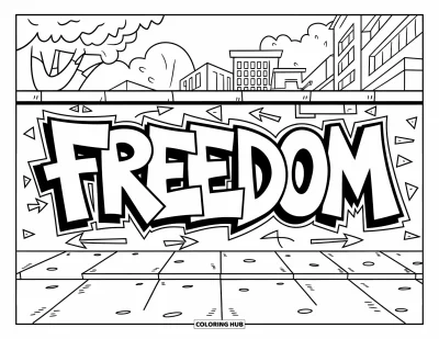 Graffiti Coloring Page for Kids: Graffiti "FREEDOM" appears on a wall with arrows and a city backdrop