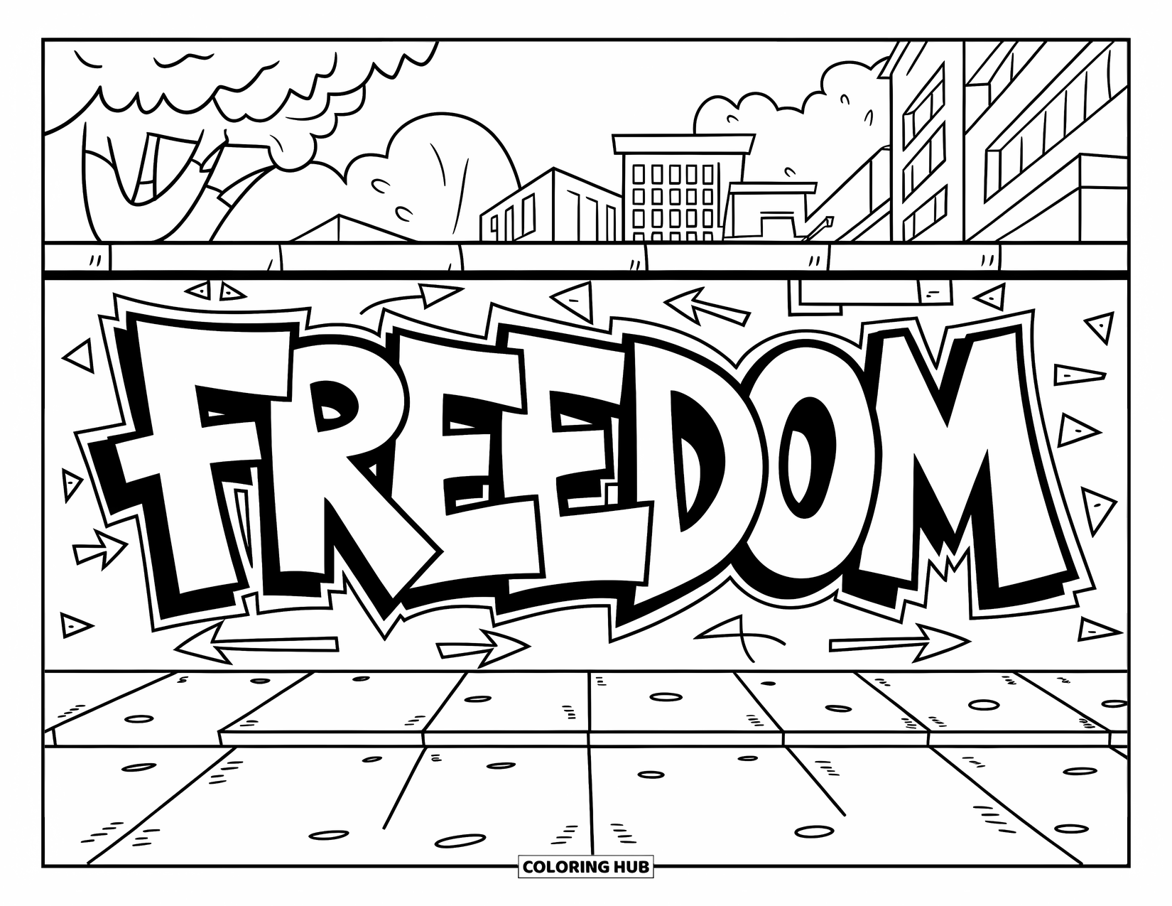 Graffiti Coloring Page for Kids: Graffiti "FREEDOM" appears on a wall with arrows and a city backdrop
