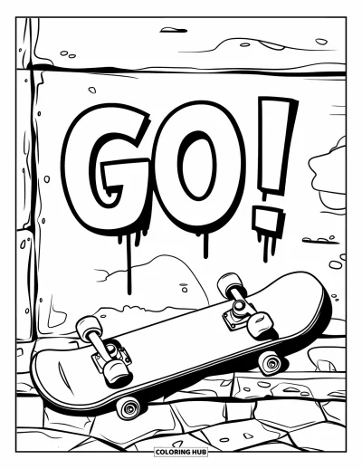 Graffiti Coloring Page for Kids: Graffiti "GO!" appears above a skateboard on a rough city stone path