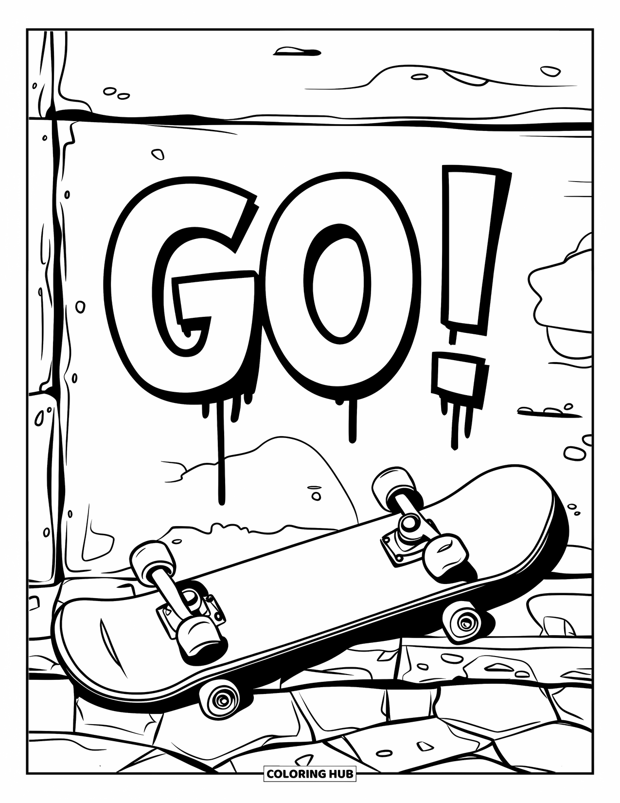 Graffiti Coloring Page for Kids: Graffiti "GO!" appears above a skateboard on a rough city stone path