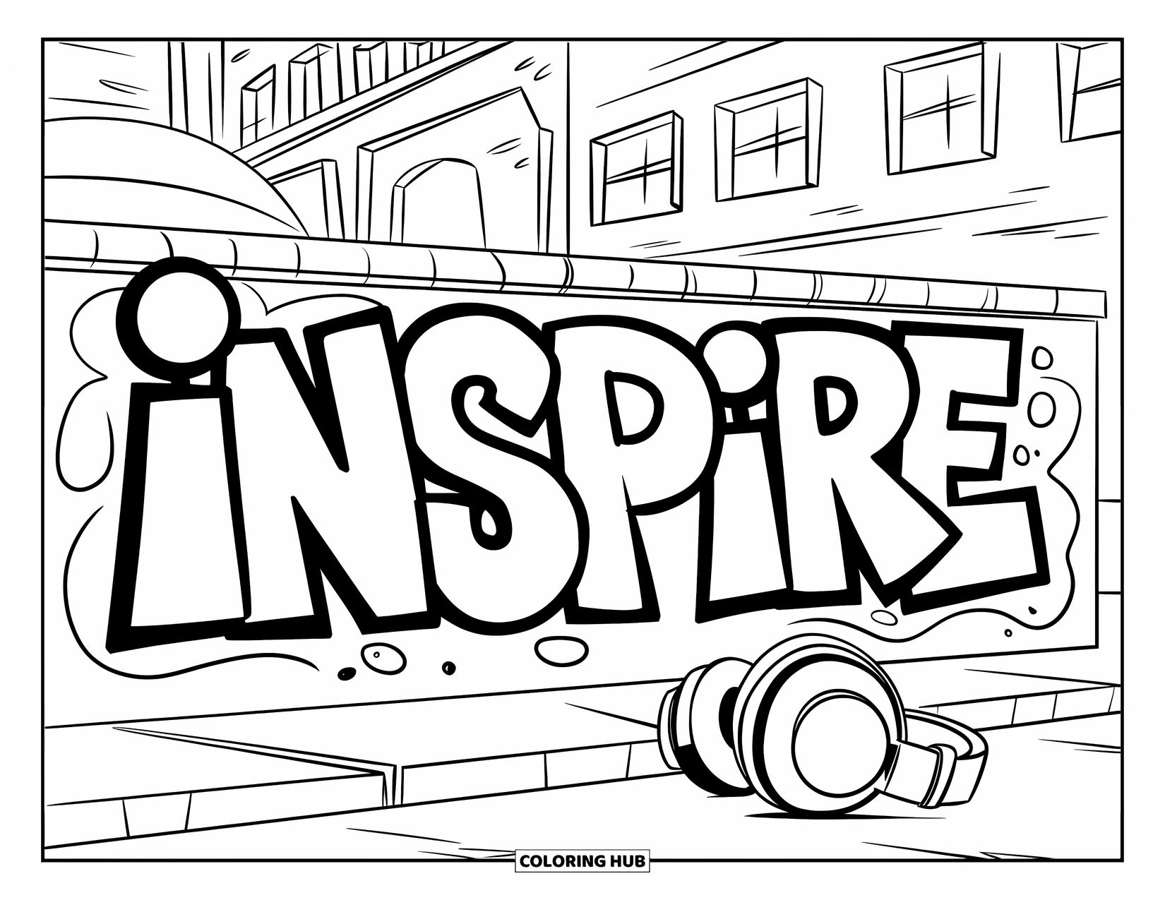 Graffiti Coloring Page for Kids: Graffiti "INSPIRE" pops on a city wall with headphones nearby and windows behind