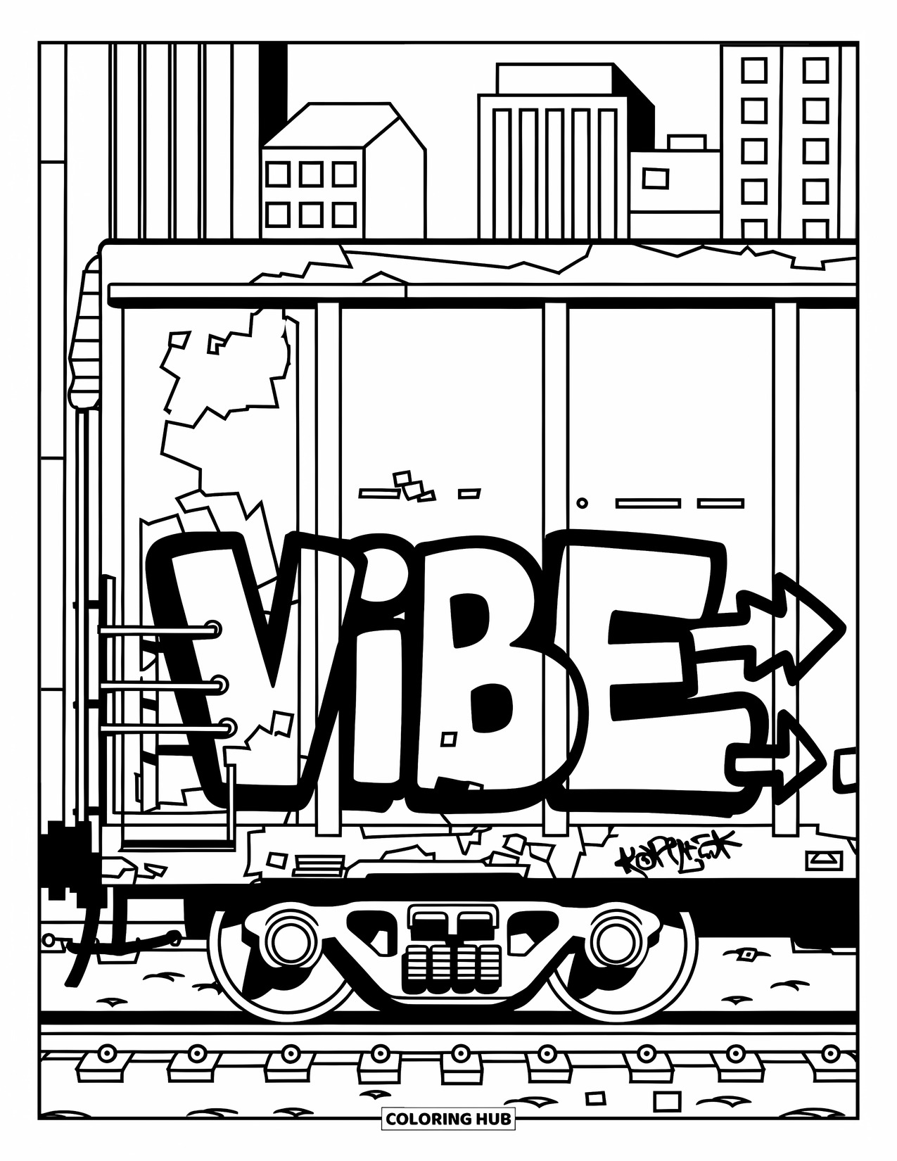 Graffiti Coloring Page for Kids: Graffiti "VIBE" appears on a worn train car with arrows and tall city buildings