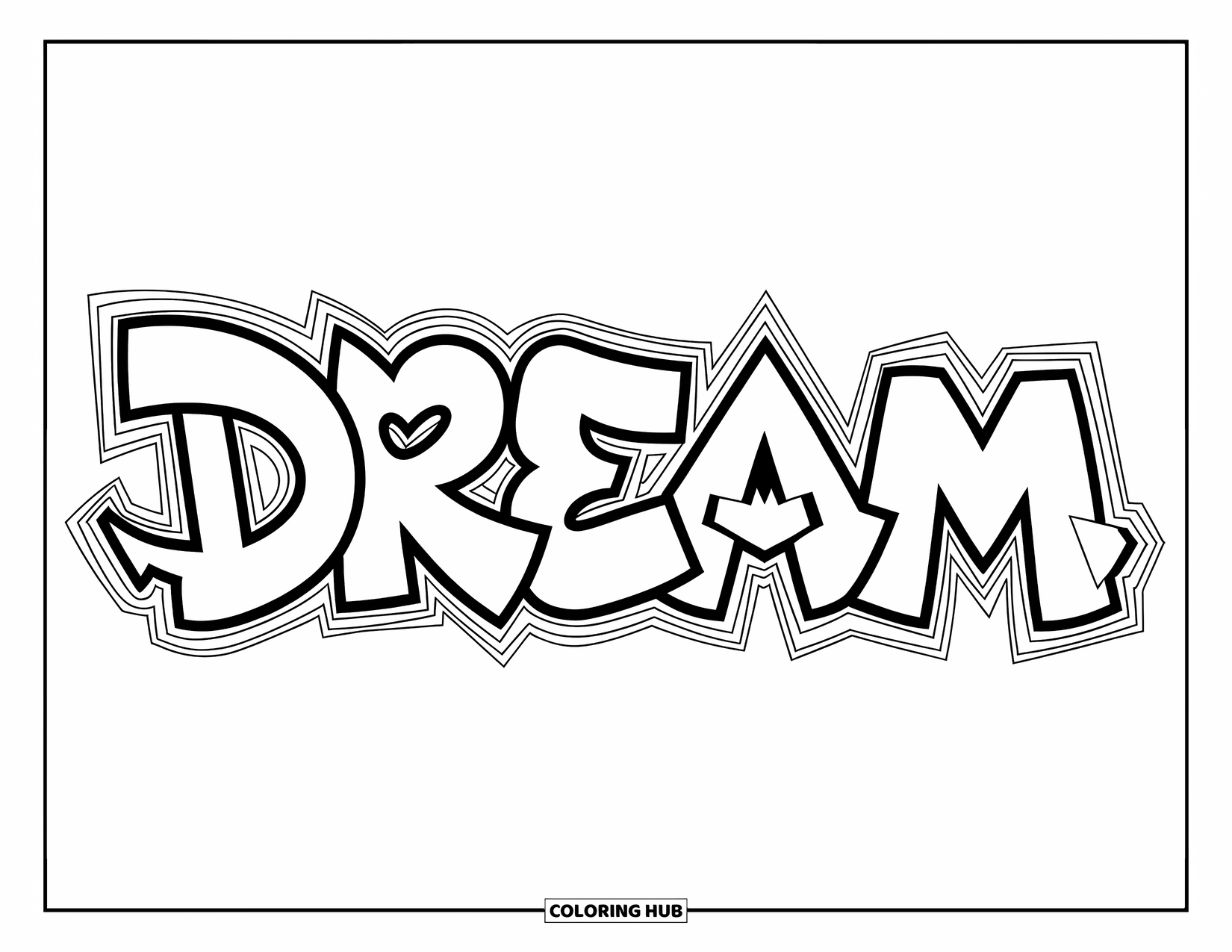 Graffiti Coloring Page for Kids: Graffiti word "DREAM" is made of hearts and arrows in a fun style