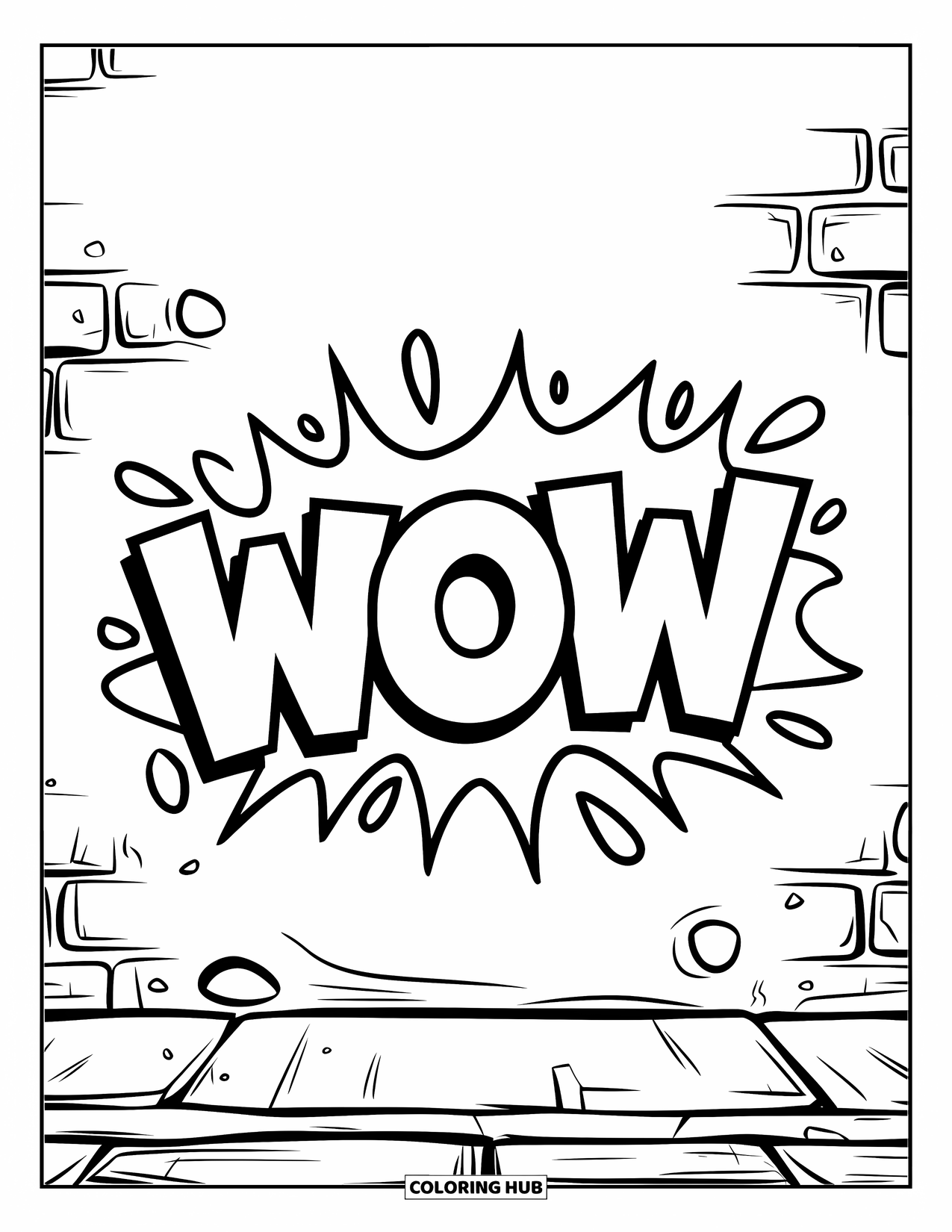 Graffiti Coloring Page for Kids: Graffiti "WOW" fills a wall with bursts and little holes scattered nearby