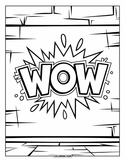 Graffiti Coloring Page for Kids: Graffiti "WOW" fills the wall with doodles bursting all around