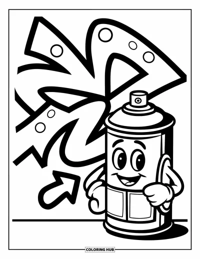 Graffiti Coloring Page for Kids: Happy spray can stands beside big arrows and scattered dots in a playful scene