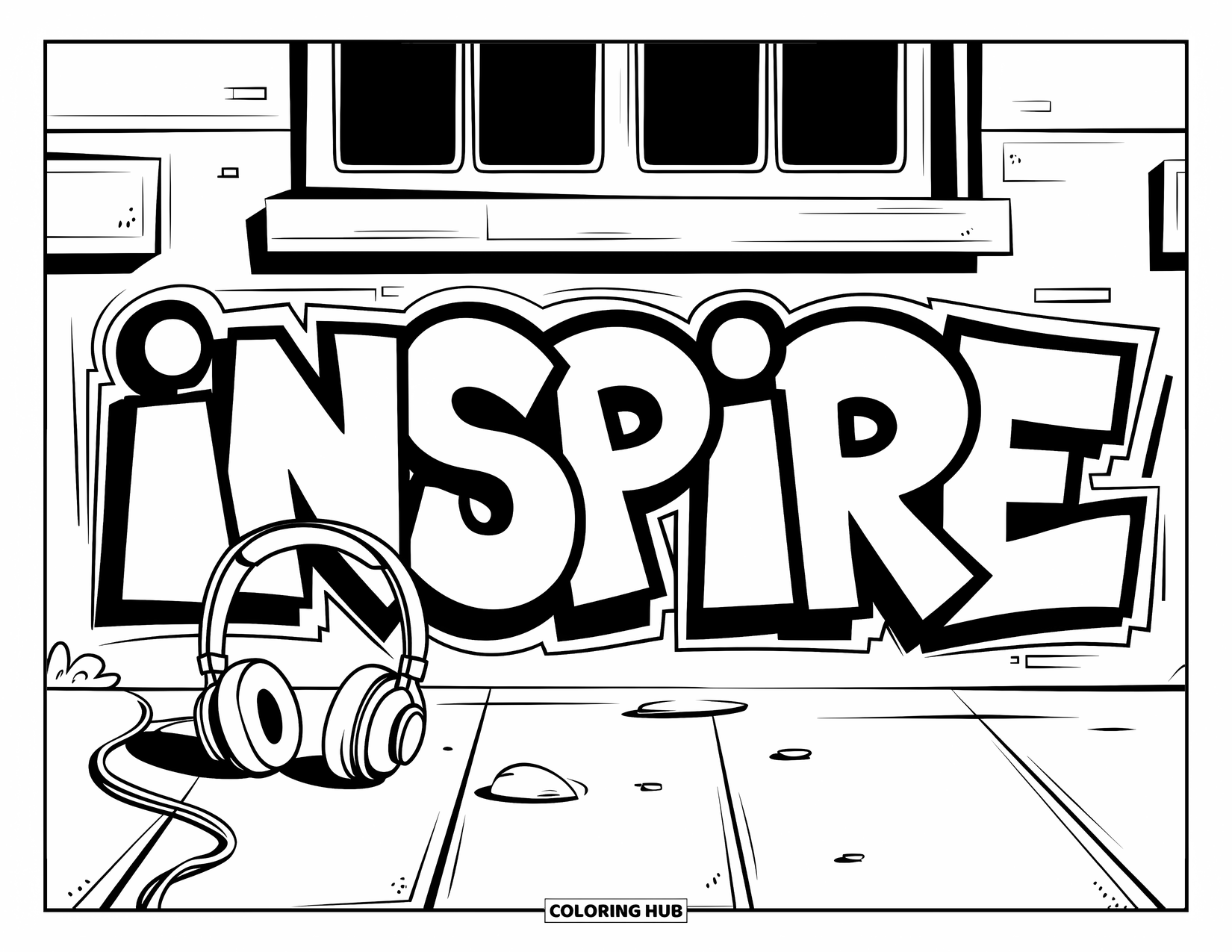 Graffiti Coloring Page for Kids: "INSPIRE" shines in graffiti style on a wall with headphones and urban details