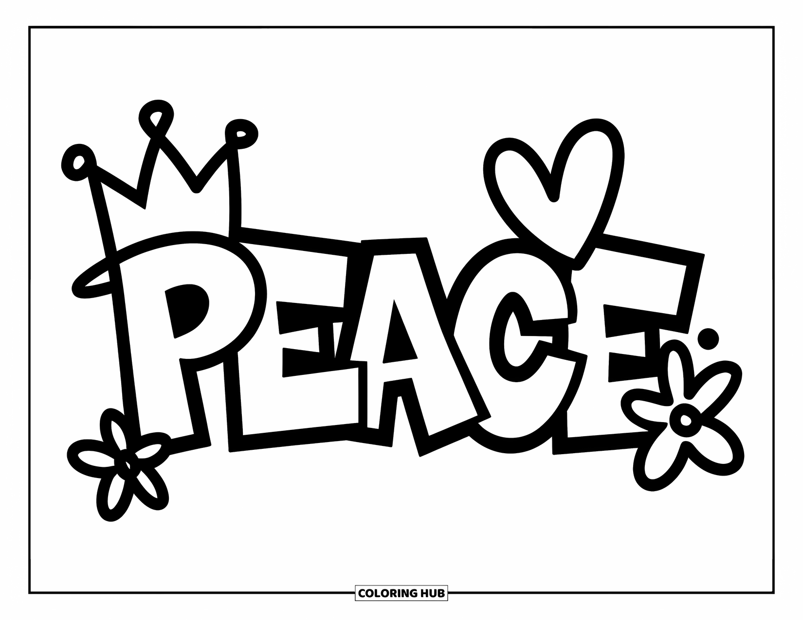 Graffiti Coloring Page for Kids: "PEACE" in bold graffiti shines with a crown, heart, and flower doodles