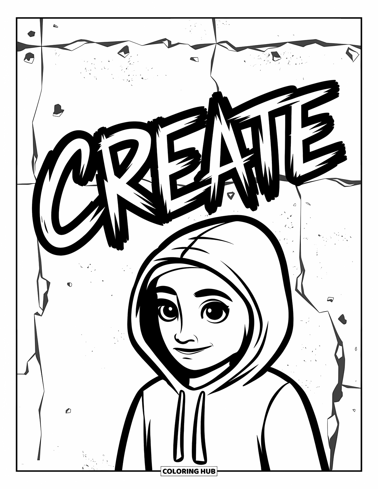 Graffiti Coloring Page for Kids: Smiling hoodie character sprays "CREATE" on a cracked concrete wall