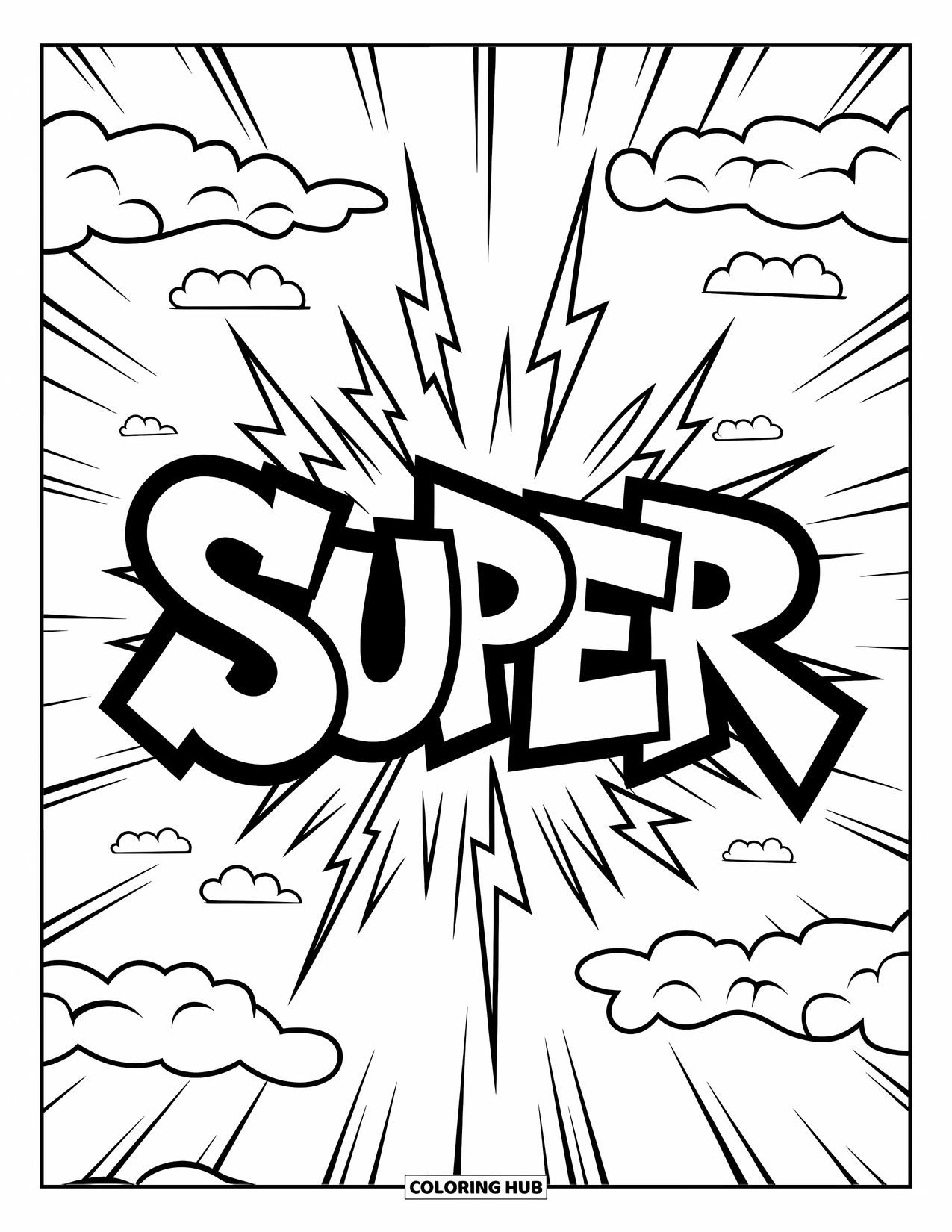 Graffiti Coloring Page for Kids: "SUPER" jumps off the wall with lightning bolts, clouds, and wild motion lines