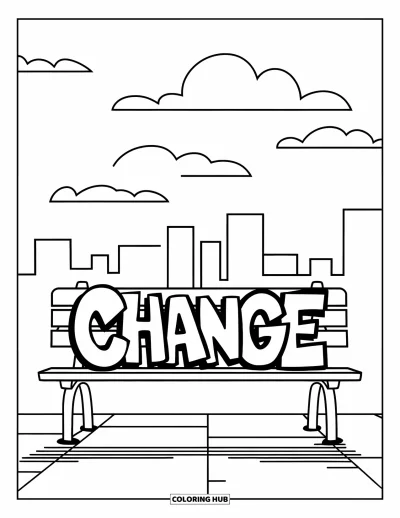 Graffiti Coloring Page for Kids: The word "CHANGE" is tagged behind a bench with clouds in a city scene