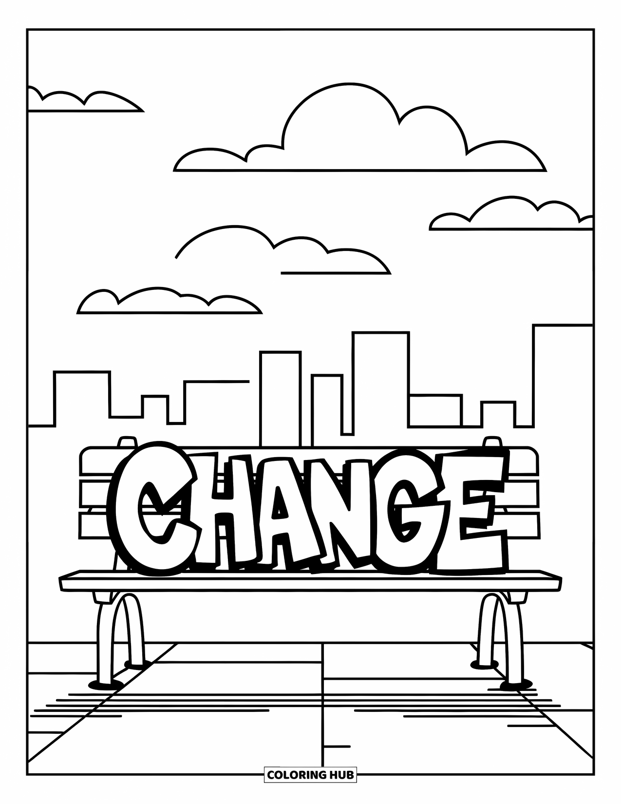 Graffiti Coloring Page for Kids: The word "CHANGE" is tagged behind a bench with clouds in a city scene