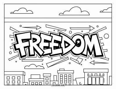 Graffiti Coloring Page for Kids: The word "FREEDOM" glows in graffiti among arrows and clouds over city buildings