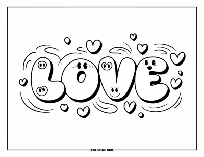 Graffiti Coloring Page for Kids: The word "LOVE" glows with hearts and swirls in a playful bubble style