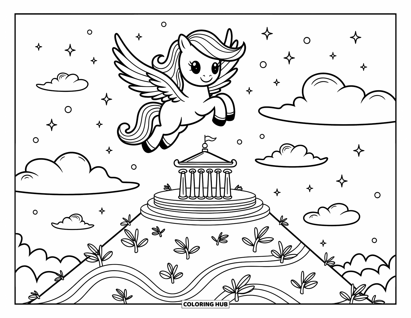 Greek Mythology Coloring Page for Adults: A cute Pegasus soars above a floating Mount Olympus with sparkles and clouds all around