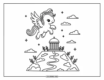 Dibujo de mitología griega para colorear para adultos: Un Pegaso alado vuela sobre un Olimpo cubierto de nubes salpicado de estrellas y pequeños árboles