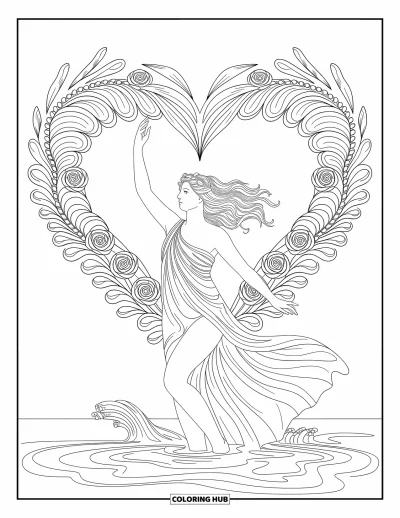 Dibujo de mitología griega para colorear para adultos: Afrodita emerge con una túnica vaporosa, envuelta en rosas y rizos ondulantes