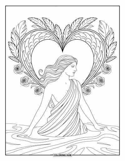 Dibujo de mitología griega para colorear para adultos: Afrodita posa con su cabello ondulante, enmarcada por rosas, plumas de cisne y mandalas de conchas
