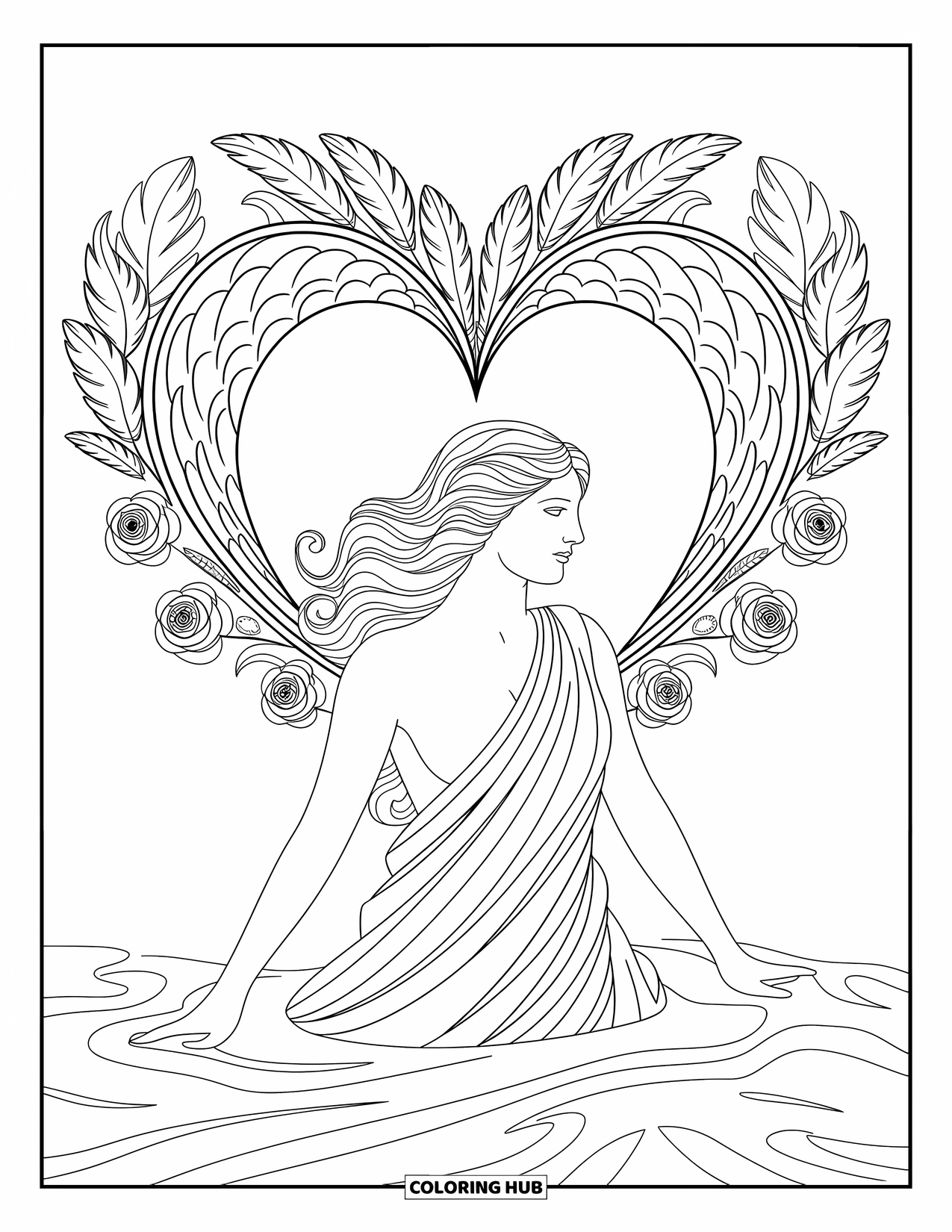 Greek Mythology Coloring Page for Adults: Aphrodite poses in flowing hair, framed by roses, swan feathers, and shell mandalas