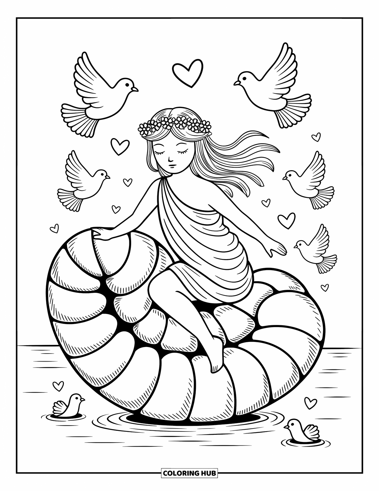 Greek Mythology Coloring Page for Adults: Aphrodite rides a shell with heart-looping doves and curious sea critters
