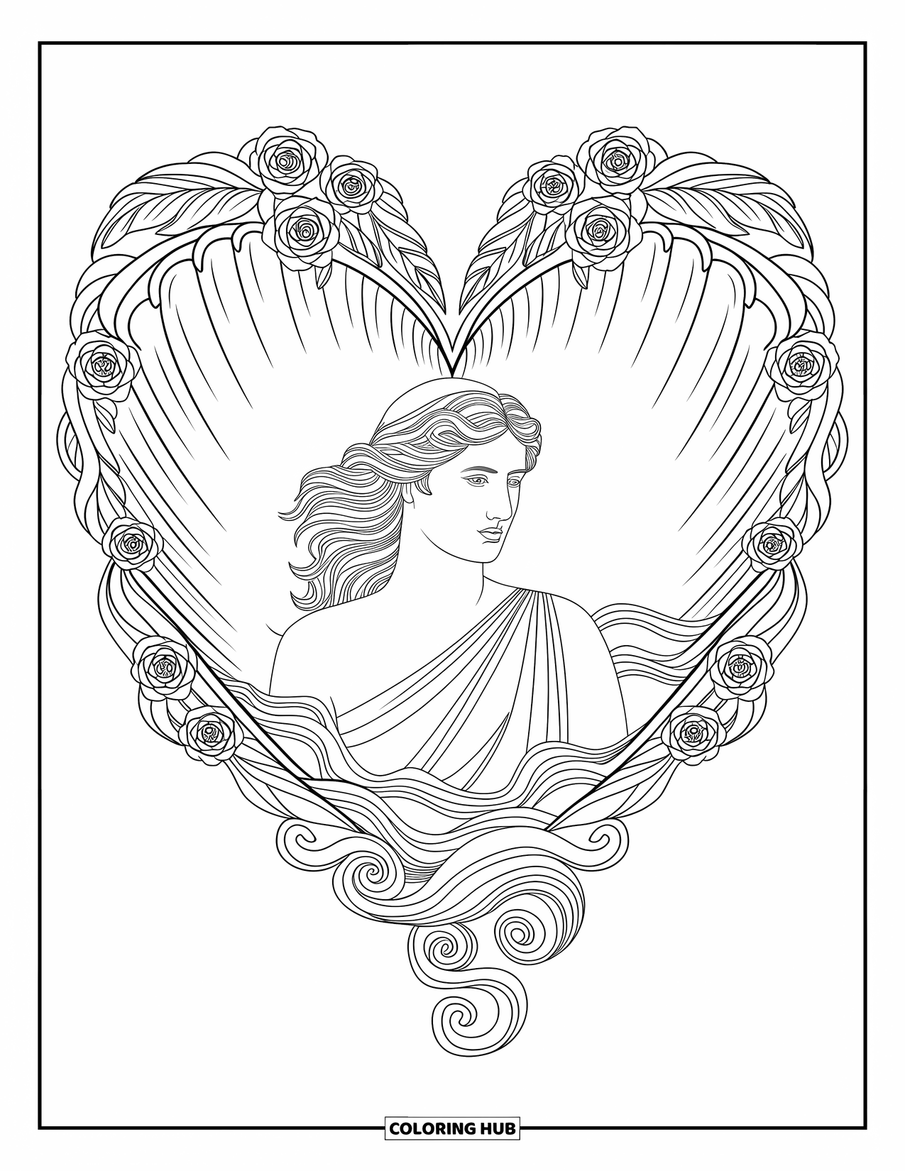 Greek Mythology Coloring Page for Adults: Aphrodite rises from the sea, framed by roses, feathers, and heart-shaped seashells