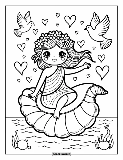 Dibujo de mitología griega para colorear para adultos: Afrodita está sentada en una concha marina con palomas volando y simpáticos amigos del océano abajo