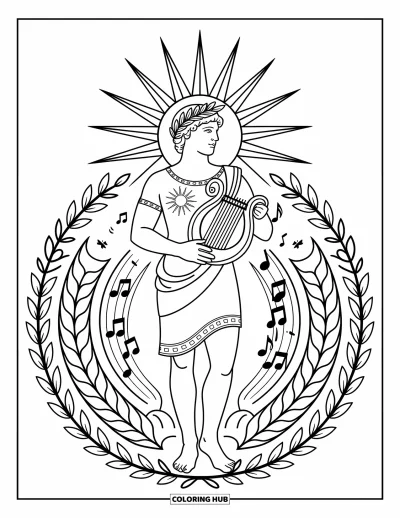 Dibujo de mitología griega para colorear para adultos: Apolo resplandece con una corona de laurel y lira, enmarcado por mandalas de sol y música