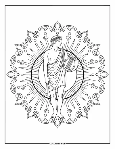 Dibujo de mitología griega para colorear para adultos: Apolo sostiene una lira rodeado de rayos de sol, música y lazos de hojas de olivo