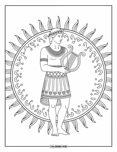 Dibujo de mitología griega para colorear para adultos: Apolo está con su lira en un mandala de notas, rayos y hojas bañado de sol