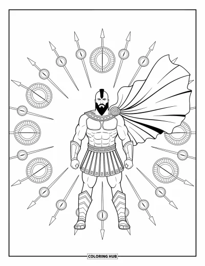 Dibujo de mitología griega para colorear para adultos: Ares acapara la atención con una armadura imponente, envuelto en un mandala de armas antiguas