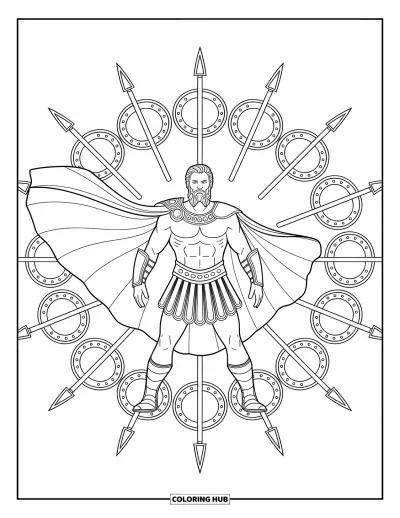 Dibujo de mitología griega para colorear para adultos: Ares se eleva con elegancia guerrera, con mandalas de lanzas y escudos irradiando tras él