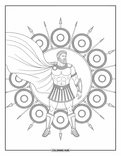 Dibujo de mitología griega para colorear para adultos: Ares está de pie y poderoso con una armadura ornamentada, rodeado de escudos y lanzas en un mandala de guerra