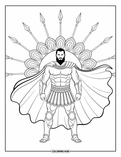 Dibujo de mitología griega para colorear para adultos: Ares se yergue imponente y feroz con un mandala de escudos girando a su alrededor