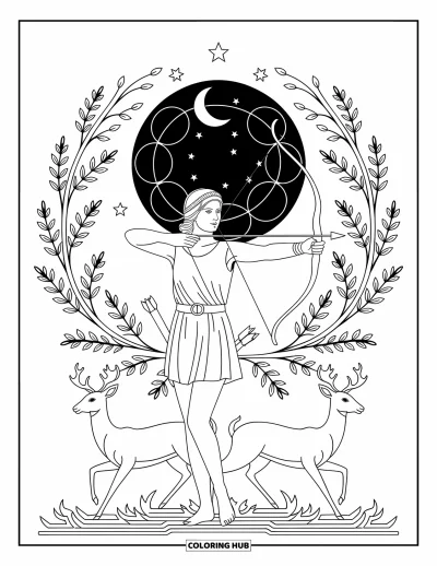 Dibujo de mitología griega para colorear para adultos: Artemisa apunta con elegancia, rodeada de lunas crecientes y ciervos saltando