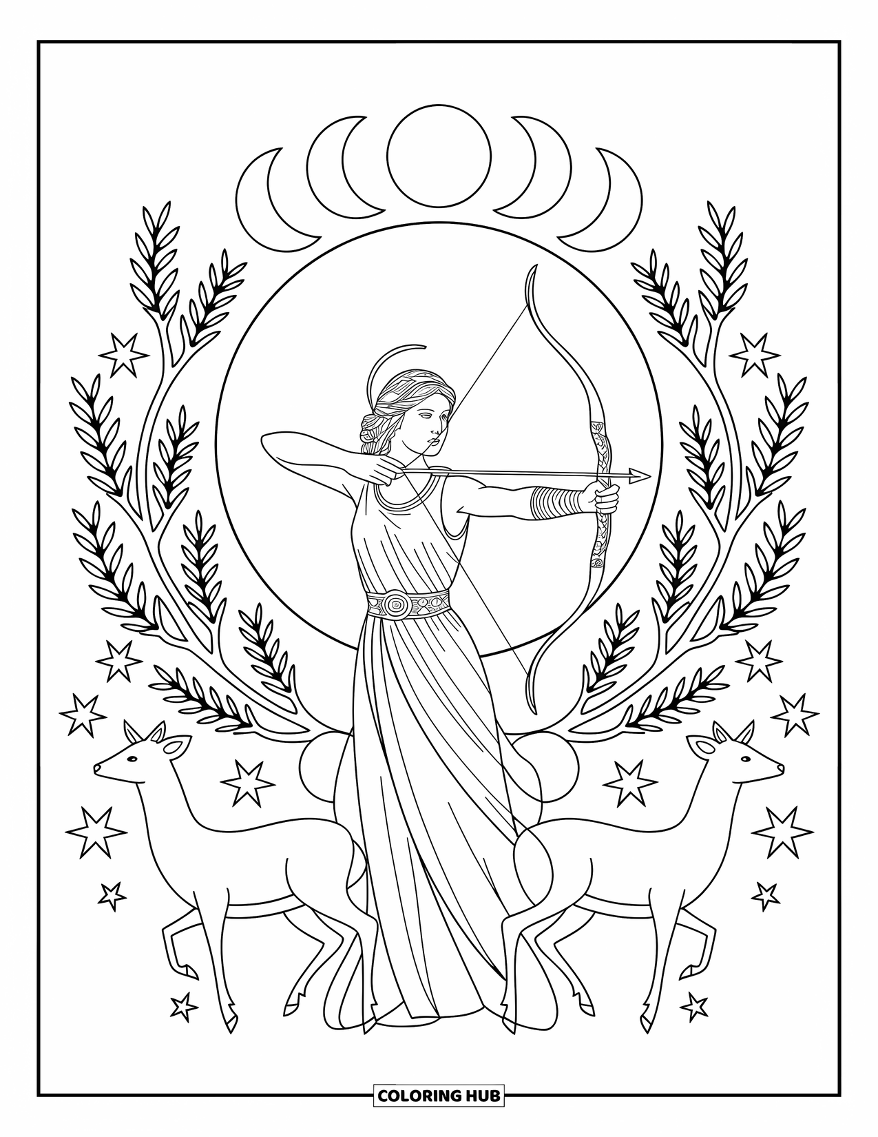 Greek Mythology Coloring Page for Adults: Artemis stands ready with her bow, framed by moons, deer, and leafy mandala rings