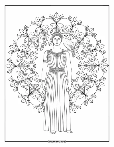 Dibujo de mitología griega para colorear para adultos: Atenea mantiene su postura con el búho a su lado, enmarcada por hojas de olivo y escudos en espiral