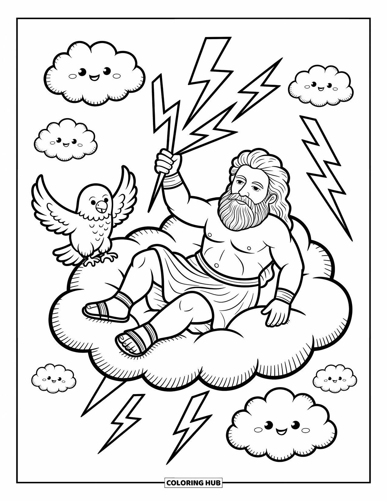 Greek Mythology Coloring Page for Adults: Chill Zeus floats on a cloud with a grinning eagle and stubby lightning bolts