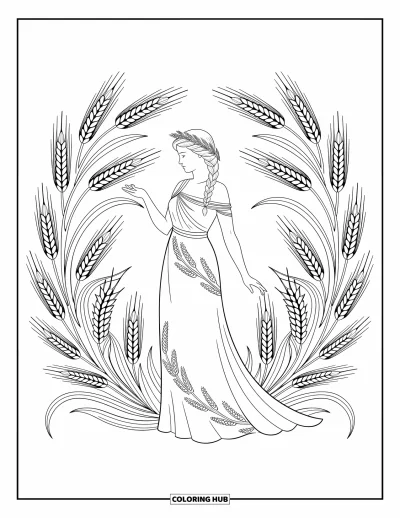 Dibujo de mitología griega para colorear para adultos: Deméter, coronada de cebada, está dentro de un mandala floral de trigo y vides en espiral