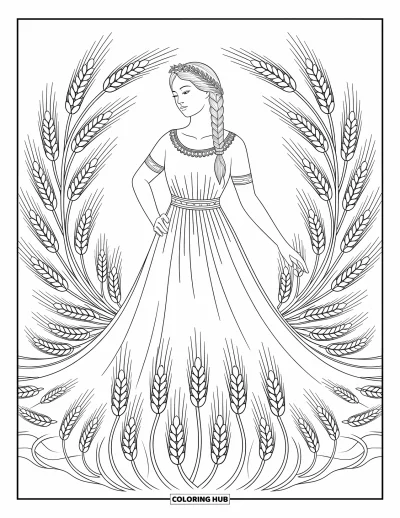 Dibujo de mitología griega para colorear para adultos: Deméter resplandece con un vestido de trigo, enmarcada por espirales y patrones inspirados en la cosecha
