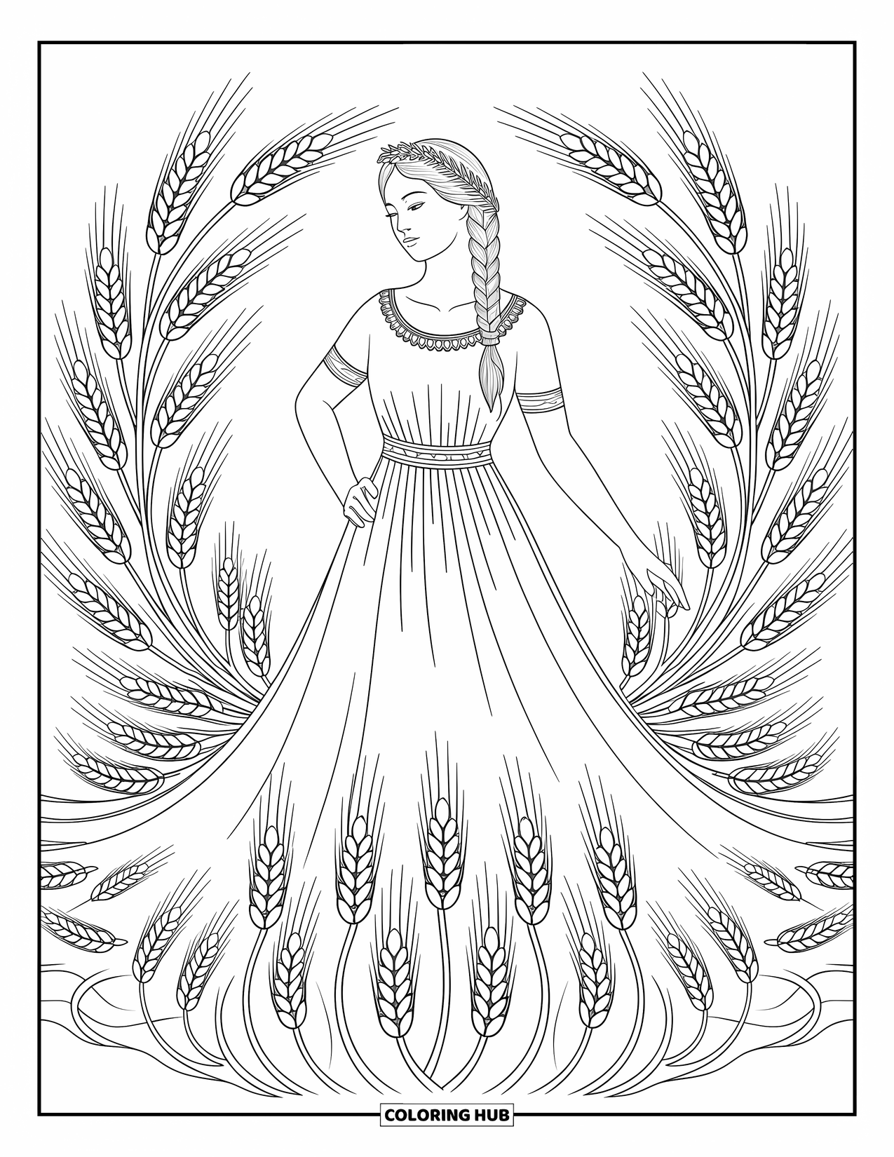Greek Mythology Coloring Page for Adults: Demeter glows in a gown of wheat, framed by spirals and harvest-inspired patterns