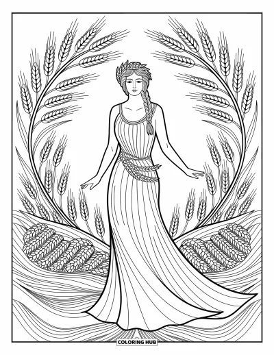 Dibujo de mitología griega para colorear para adultos: Deméter posa con vestiduras fluidas, enmarcada por espirales de cornucopia y coronas de cebada